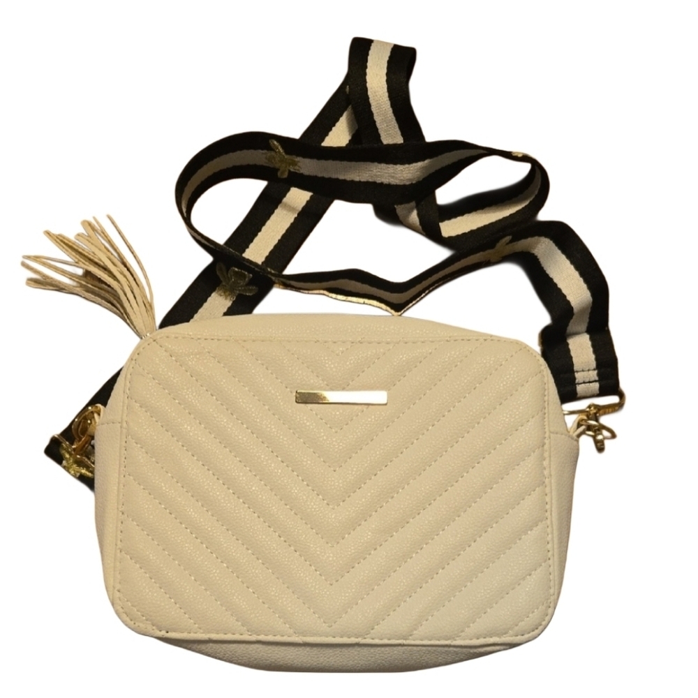 Unbranded Purse Womens Small Cream Chevron Quilted Bee‎ Guitar Strap Crossbody